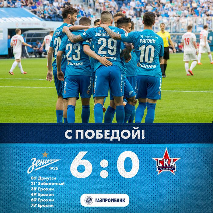 泽尼特-CKA哈巴罗夫斯克以6:0主场战胜对手！