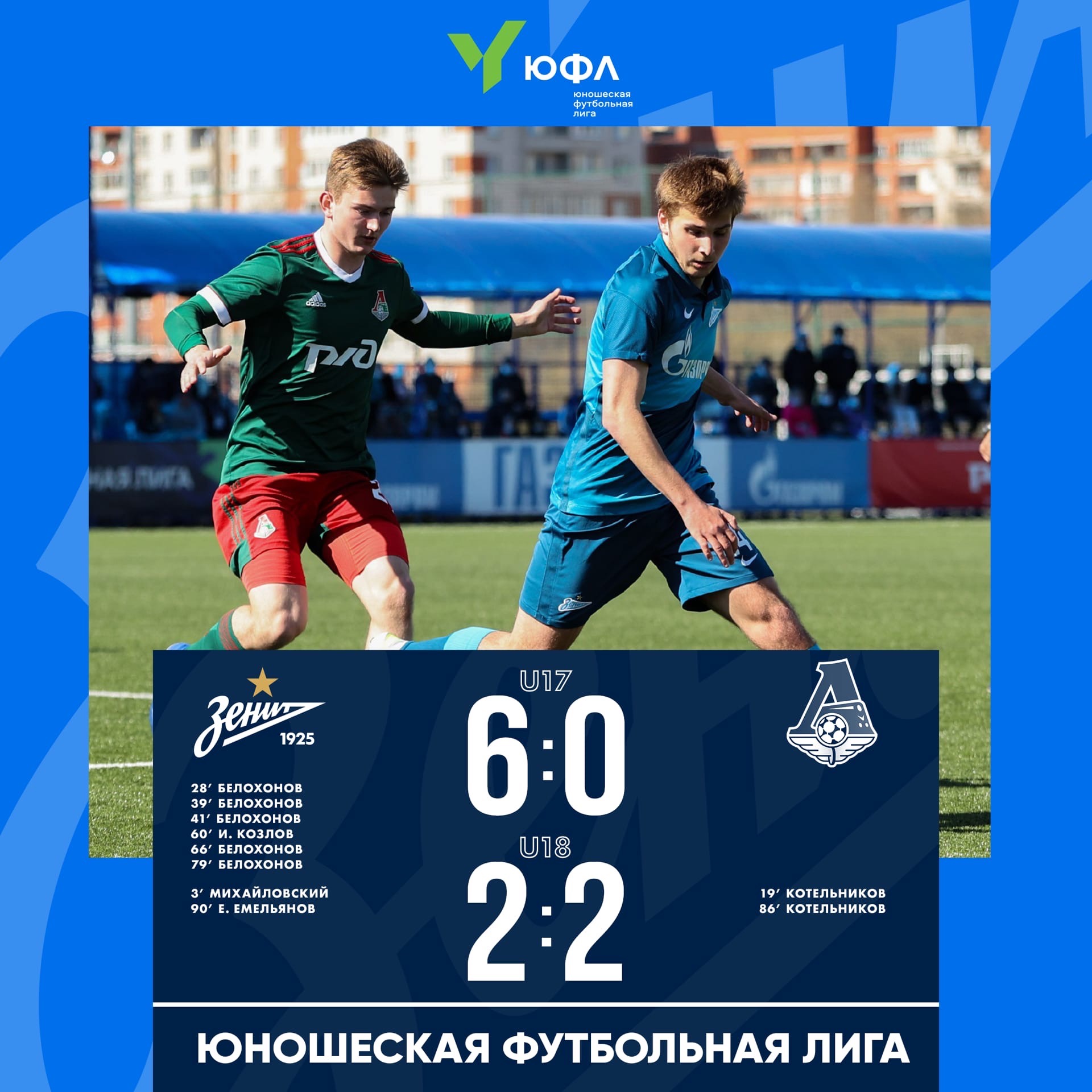 泽尼特U-17和U-18梯队在主场迎战莫斯科火车头足球俱乐部同年龄段梯队。