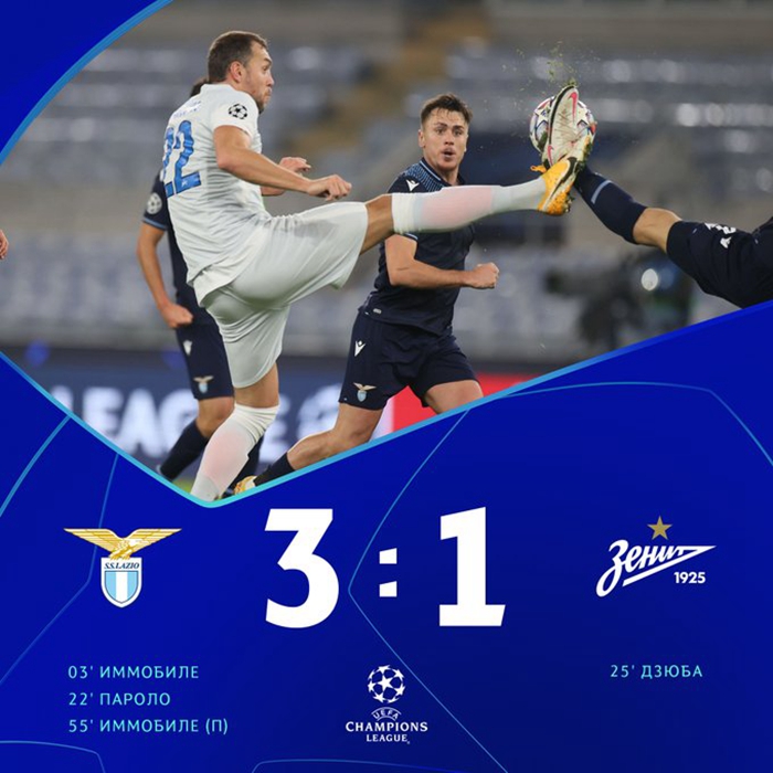 欧冠小组联赛圣彼得堡泽尼特客场作战拉齐奥以3:1输掉比赛。